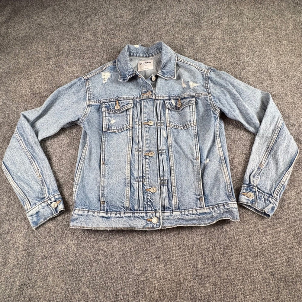 Old‎ Navy Denim Jacket Womens S Tall Blue Distressed Trucker Y2K Grunge Rugged
